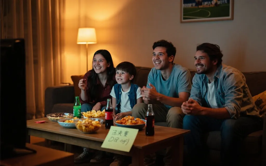 家庭客厅观赛夜，灯光温暖，桌上有零食和赛程表便签